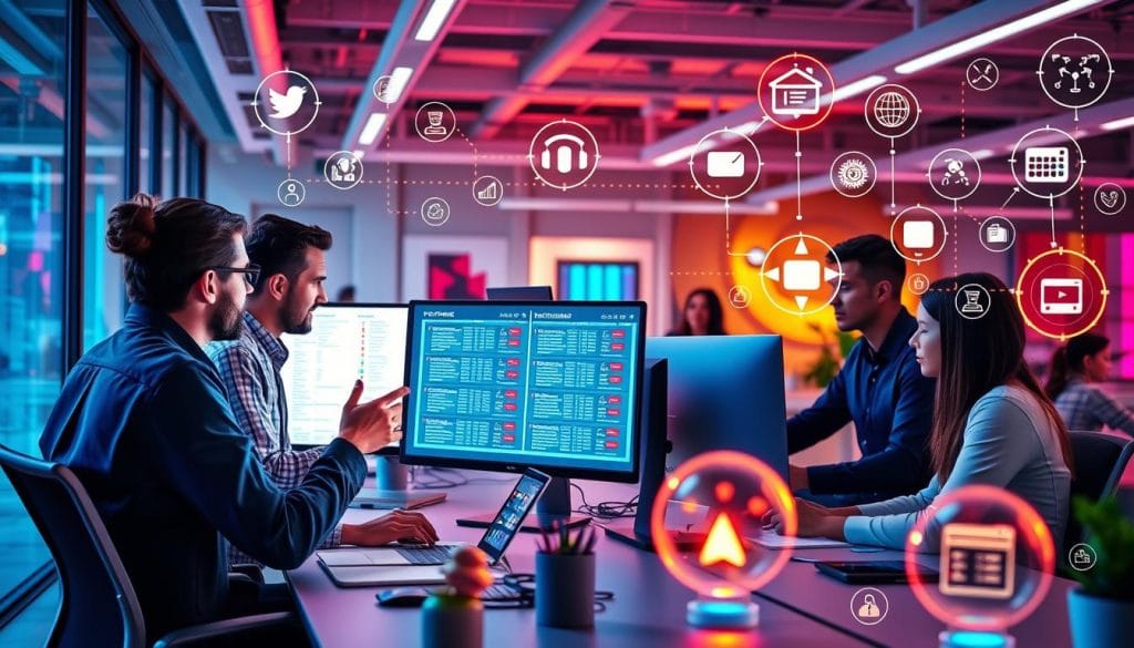Specjalista IT pracujący nad bezpieczeństwem danych w firmie, przedstawiający zarządzanie ryzykiem IT