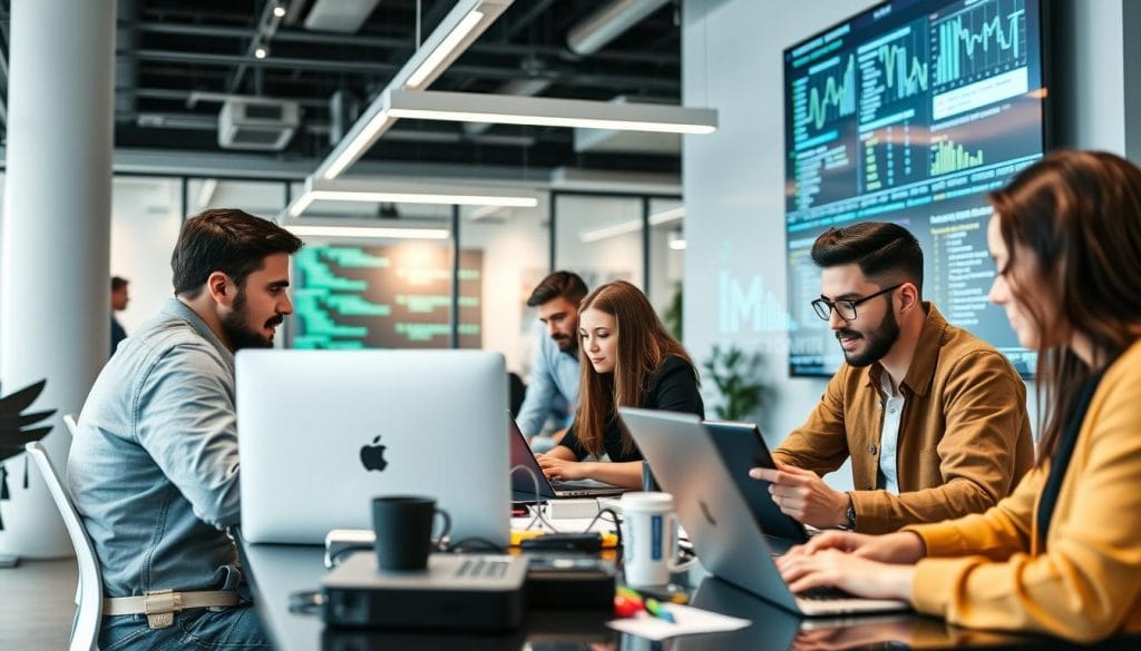 Specjalisci IT analizujący dane na ekranie komputera, symbolizujący rozwój biznesu dzięki technologii